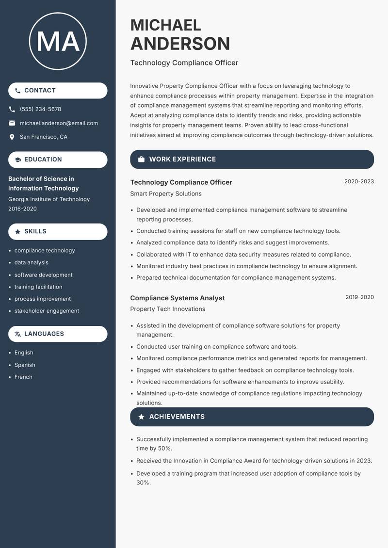 Property Compliance Officer resume sample — Technology Compliance Officer focus