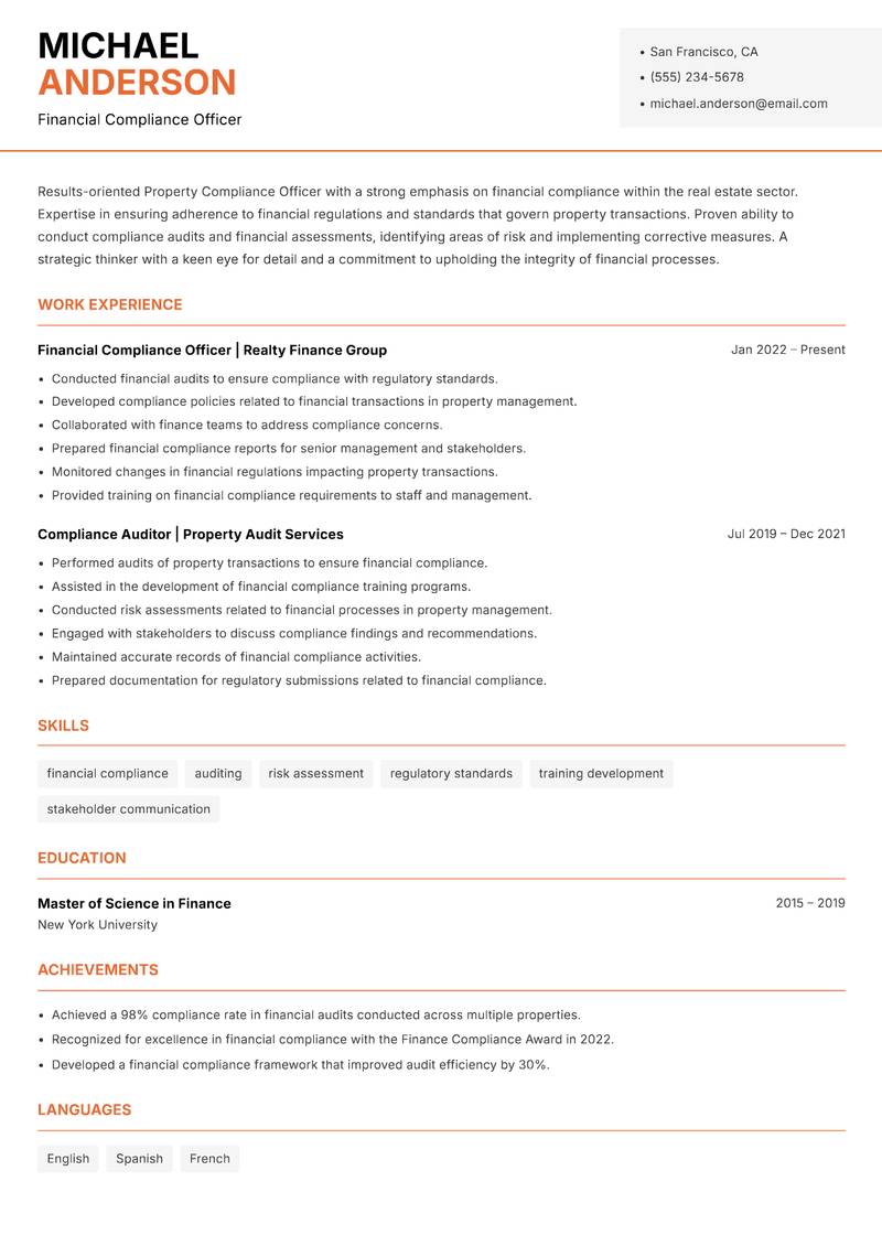 Property Compliance Officer resume sample — Financial Compliance Officer focus