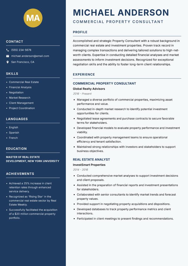 Property Consultant resume sample — Commercial Property Consultant focus