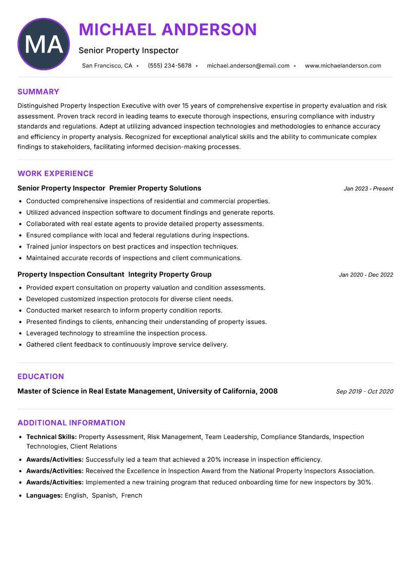Property Inspection Executive resume example