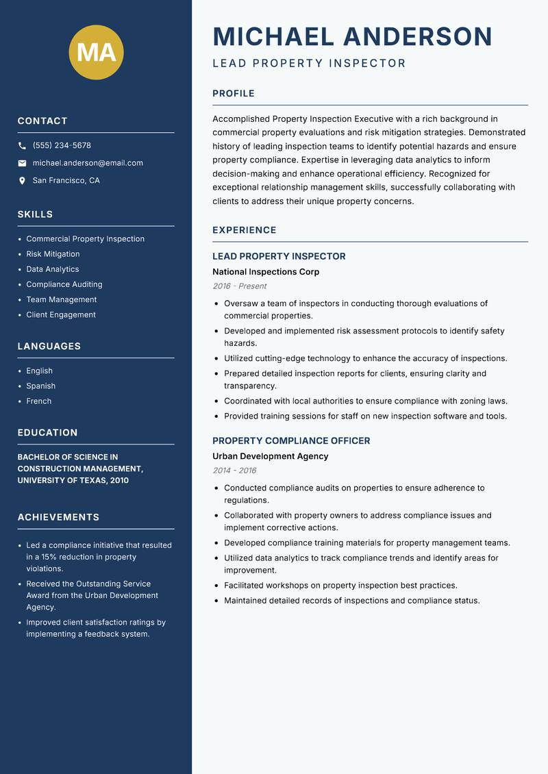 Property Inspection Executive resume sample — Lead Property Inspector focus