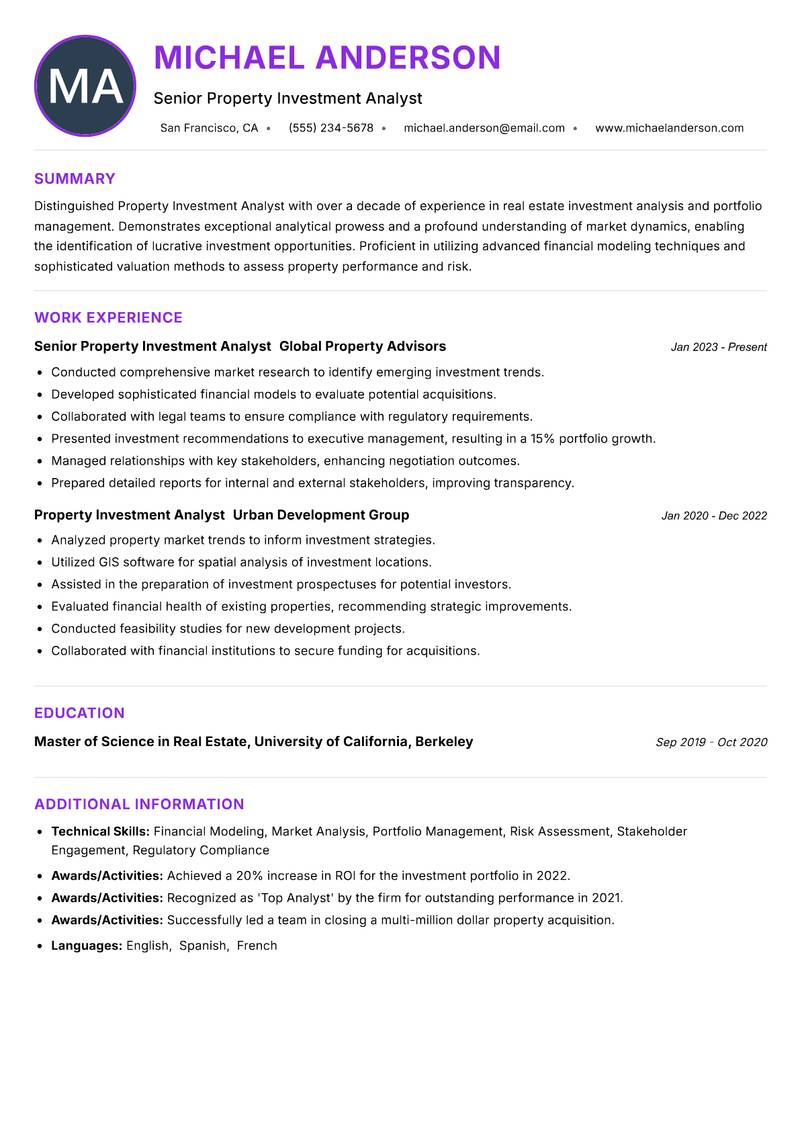 Property Investment Analyst resume example