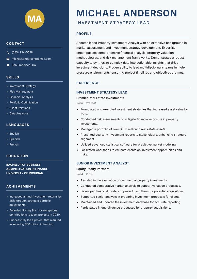 Property Investment Analyst resume sample — Investment Strategy Lead focus