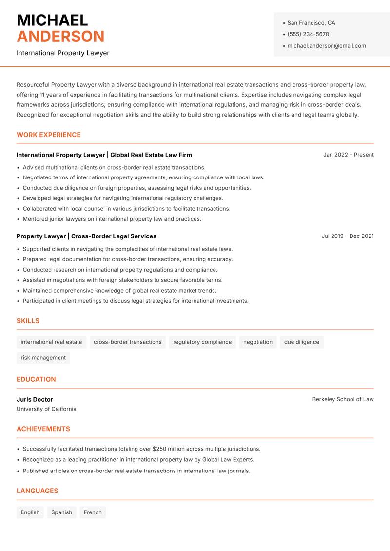 Property Lawyer resume sample — International Property Lawyer focus