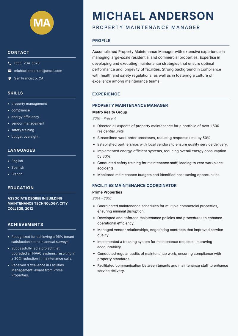 Property Maintenance Manager resume sample — Property Maintenance Manager focus