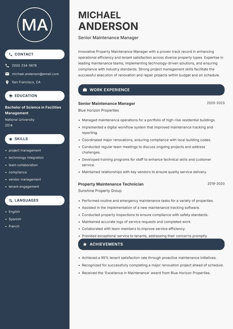 Property Maintenance Manager resume sample — Senior Maintenance Manager focus