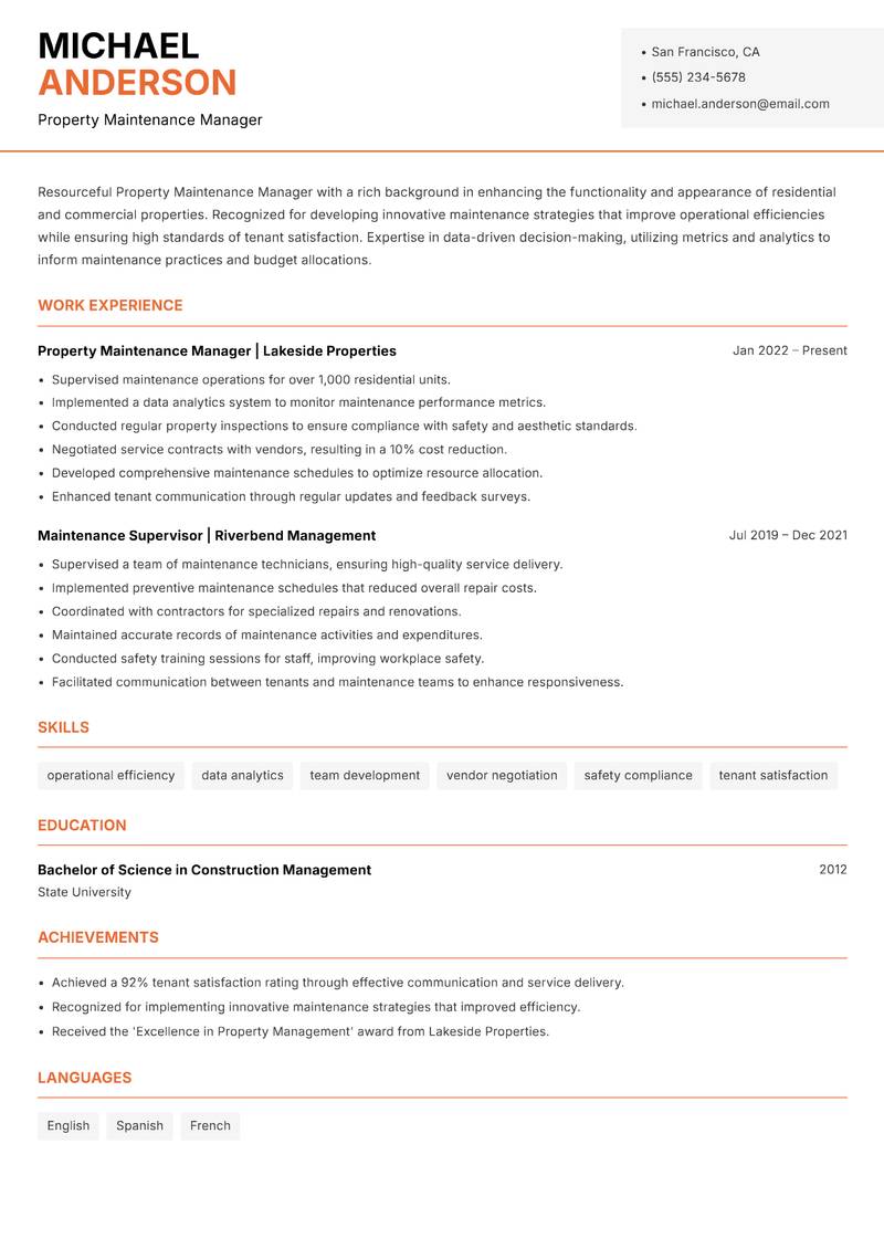 Property Maintenance Manager resume sample — Property Maintenance Manager focus
