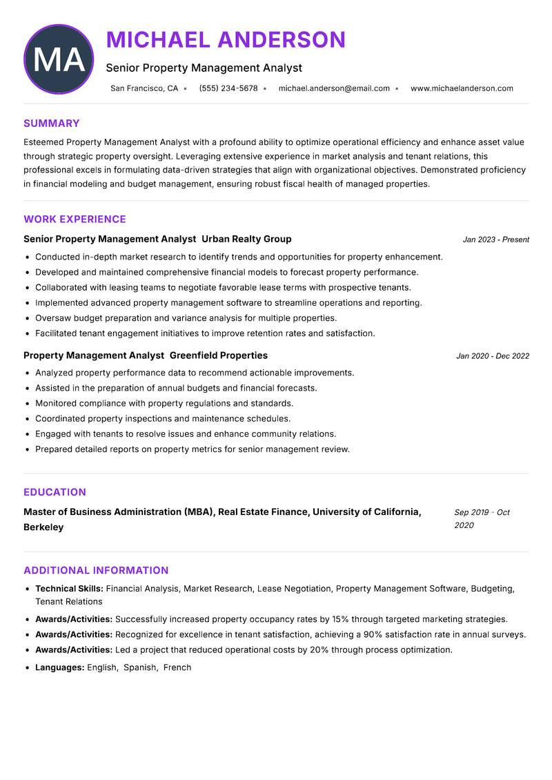 Property Management Analyst resume example