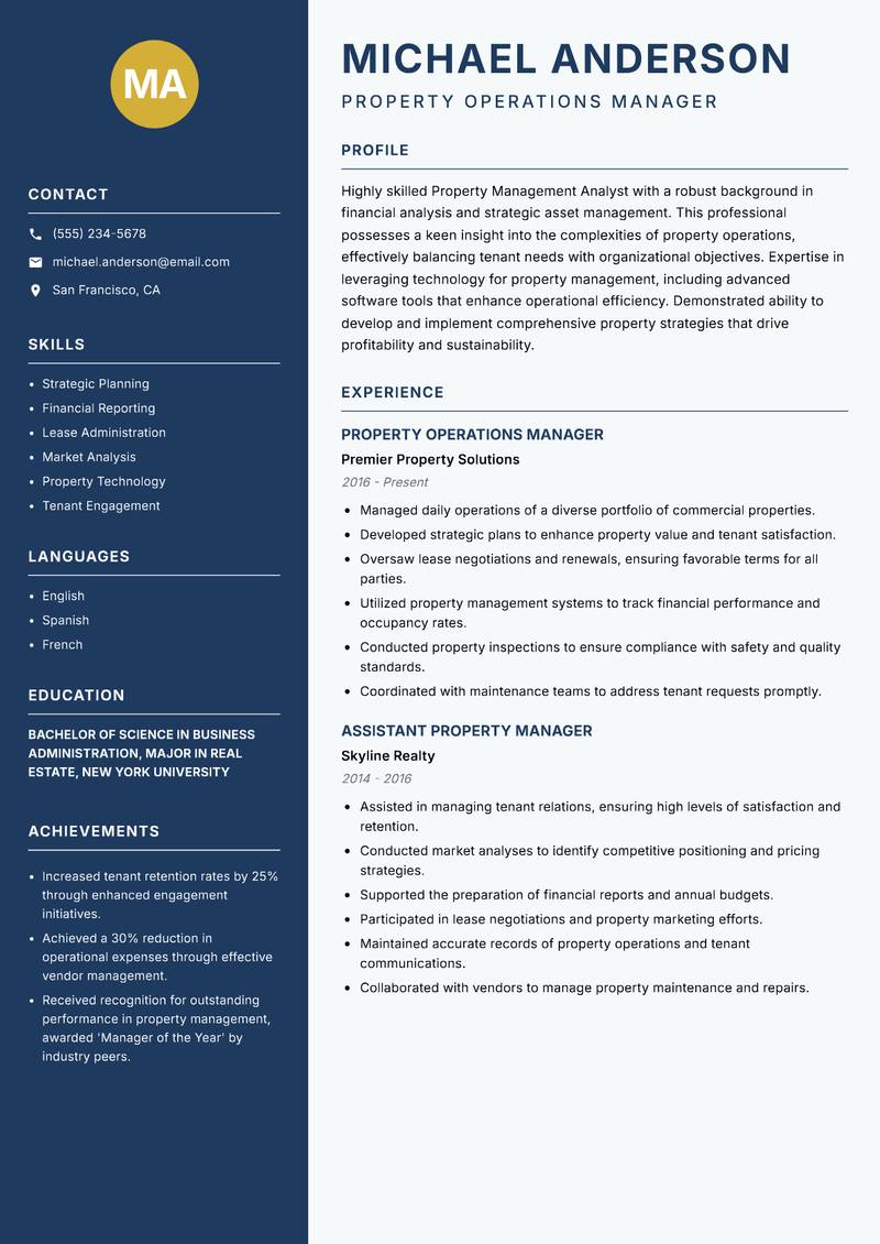Property Management Analyst resume sample — Property Operations Manager focus
