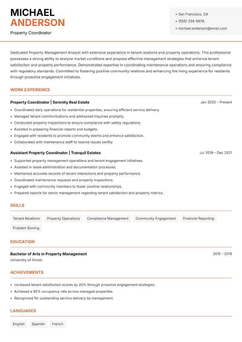 Property Management Analyst resume sample — Property Coordinator focus