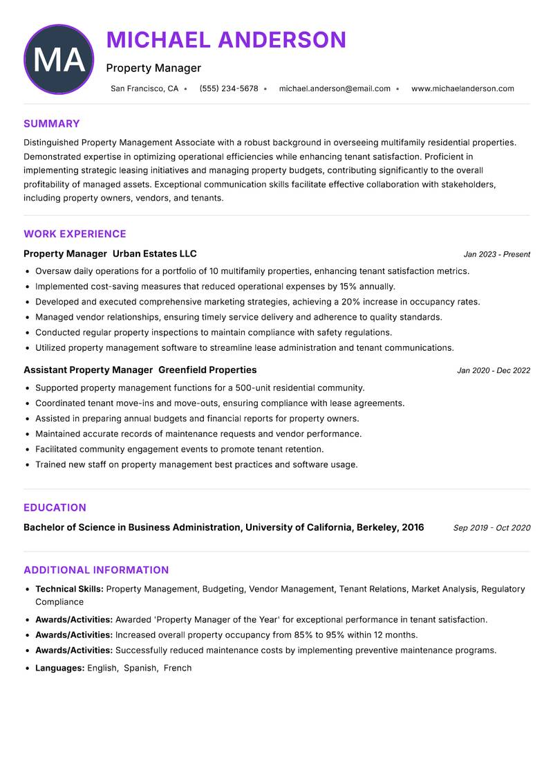 Property Management Associate resume example