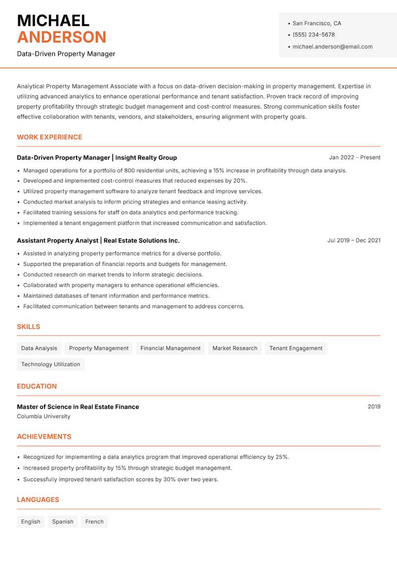 Property Management Associate resume sample — Data-Driven Property Manager focus