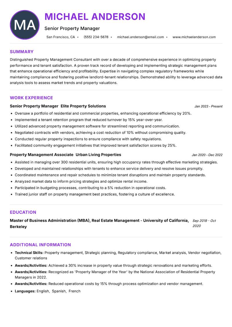 Property Management Consultant resume example
