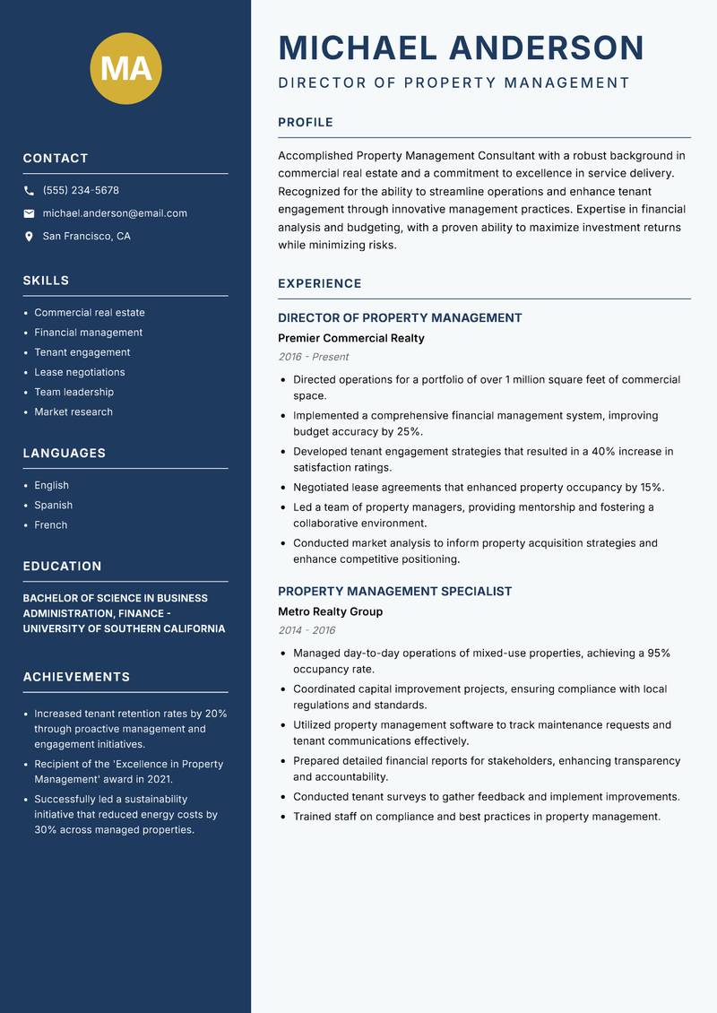 Property Management Consultant resume sample — Director of Property Management focus