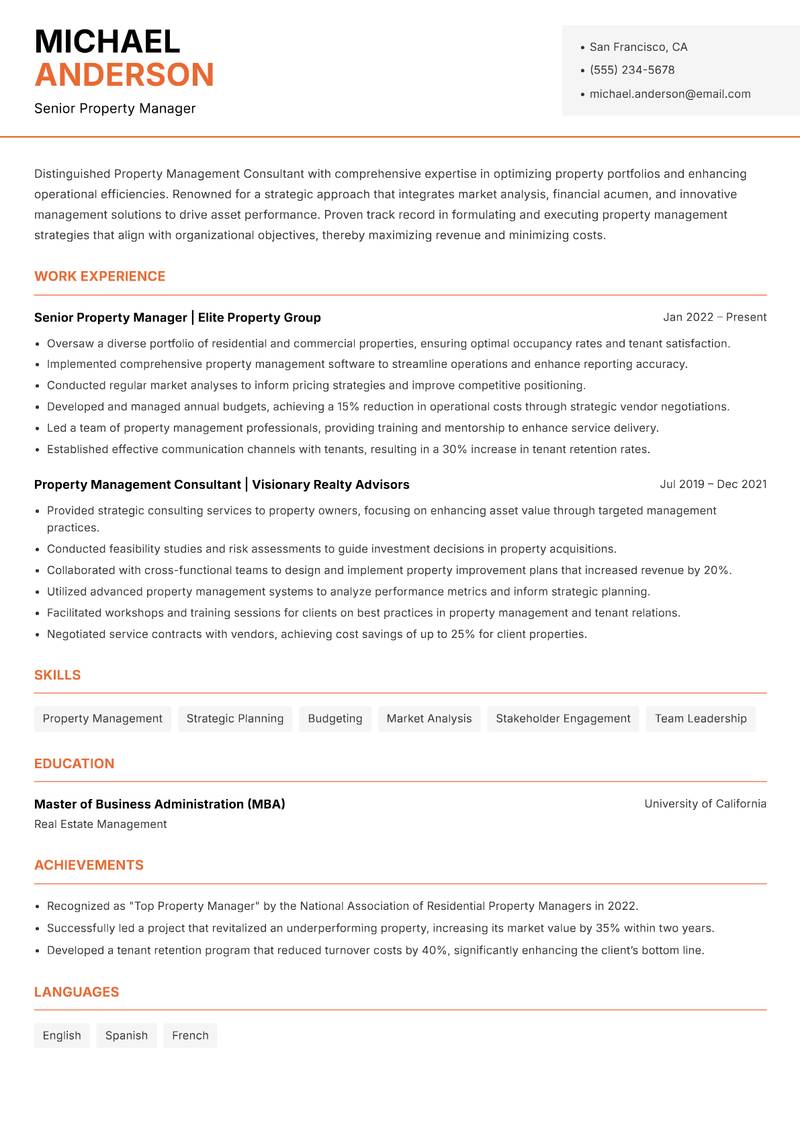 Property Management Consultant resume sample — Senior Property Manager focus