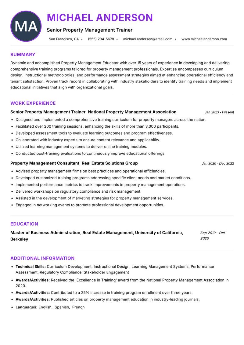 Property Management Educator resume example