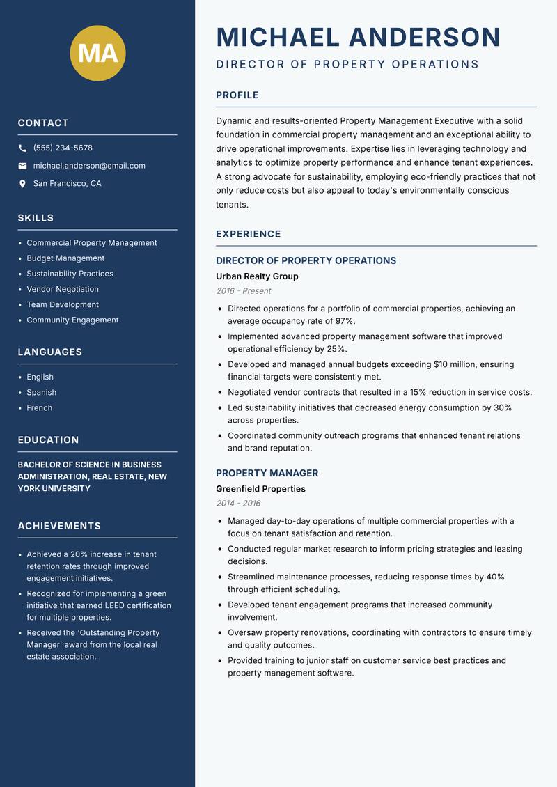 Property Management Executive resume sample — Director of Property Operations focus