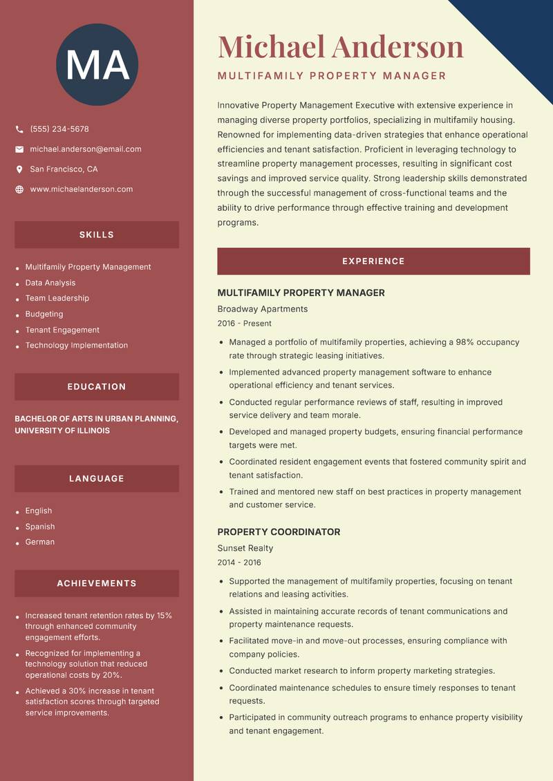 Property Management Executive resume sample — Multifamily Property Manager focus