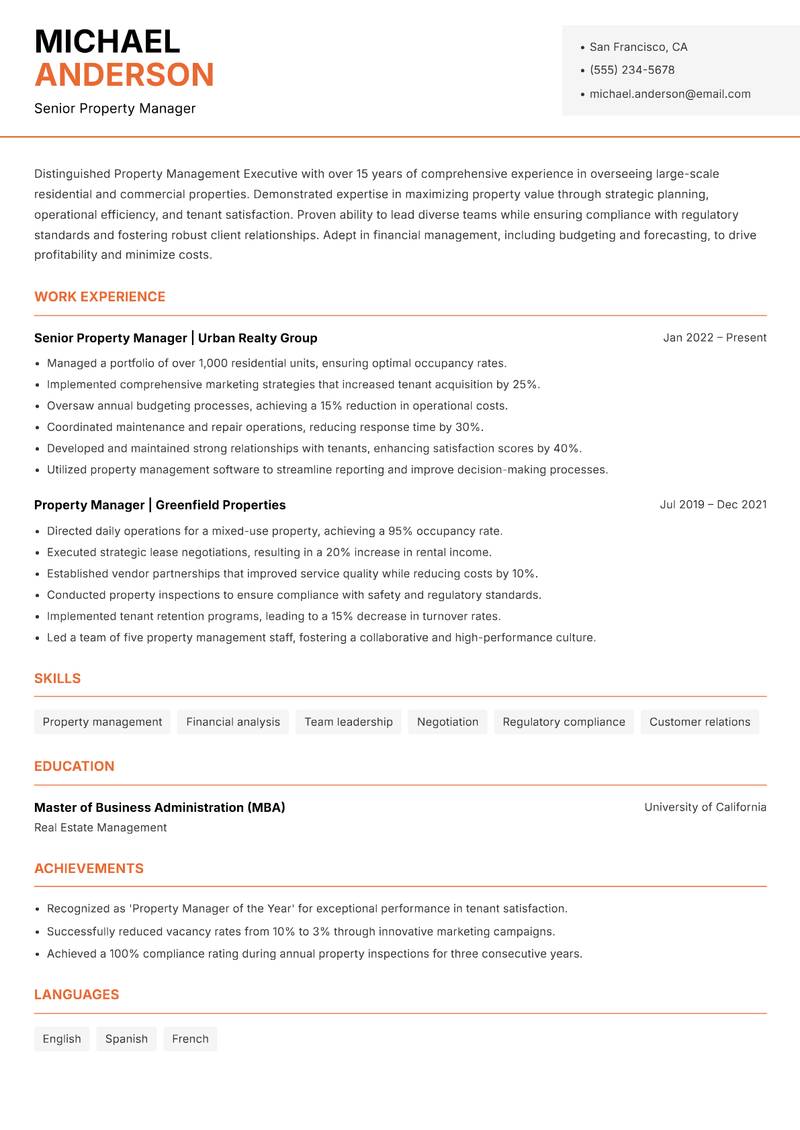 Property Management Executive resume sample — Senior Property Manager focus