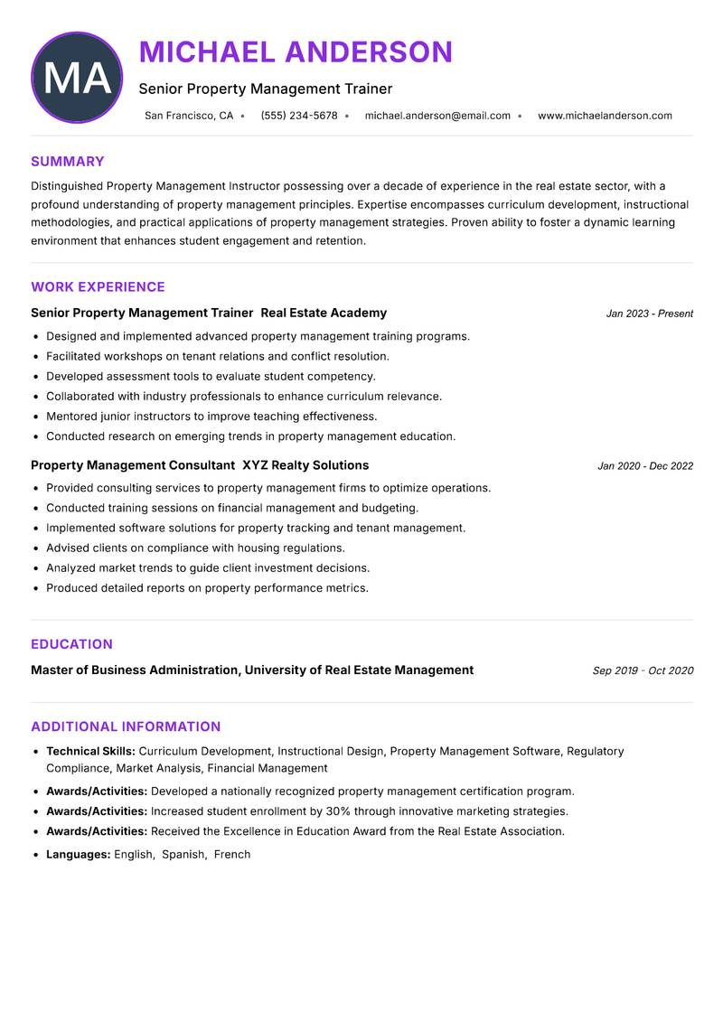 Property Management Instructor resume example