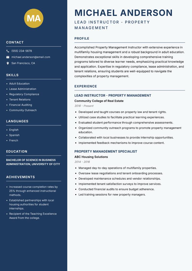 Property Management Instructor resume sample — Lead Instructor - Property Management focus