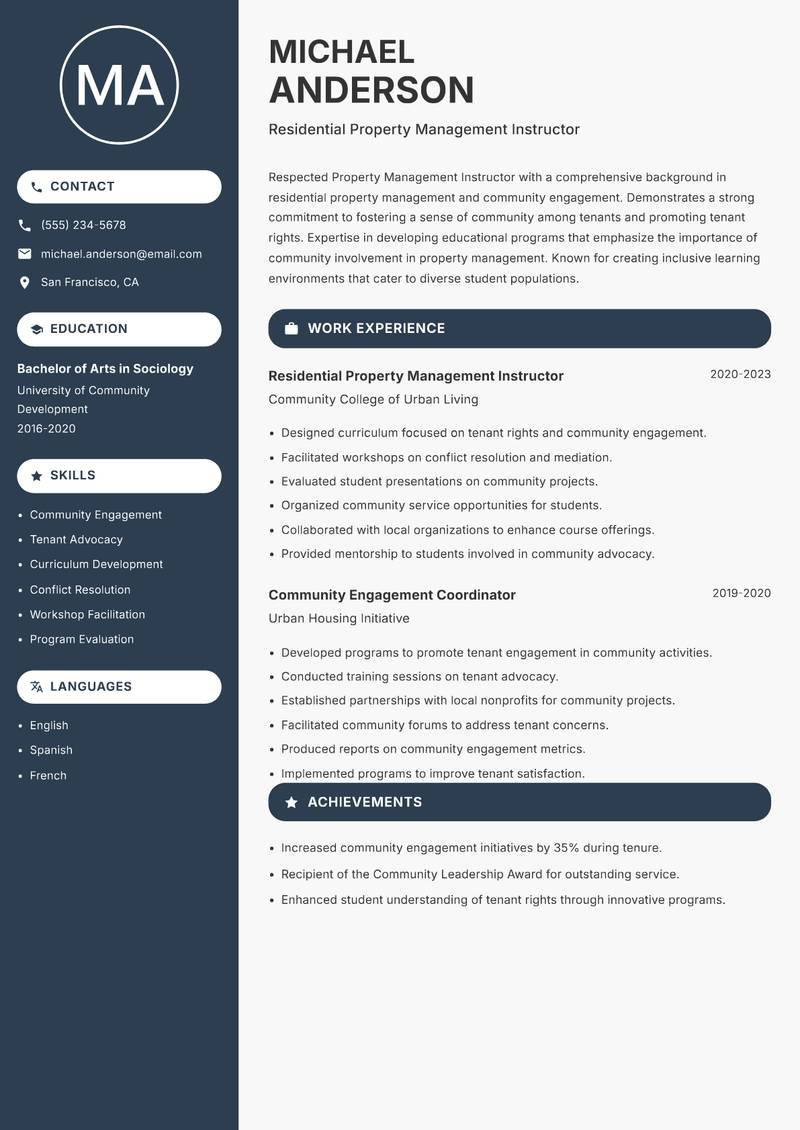 Property Management Instructor resume sample — Residential Property Management Instructor focus