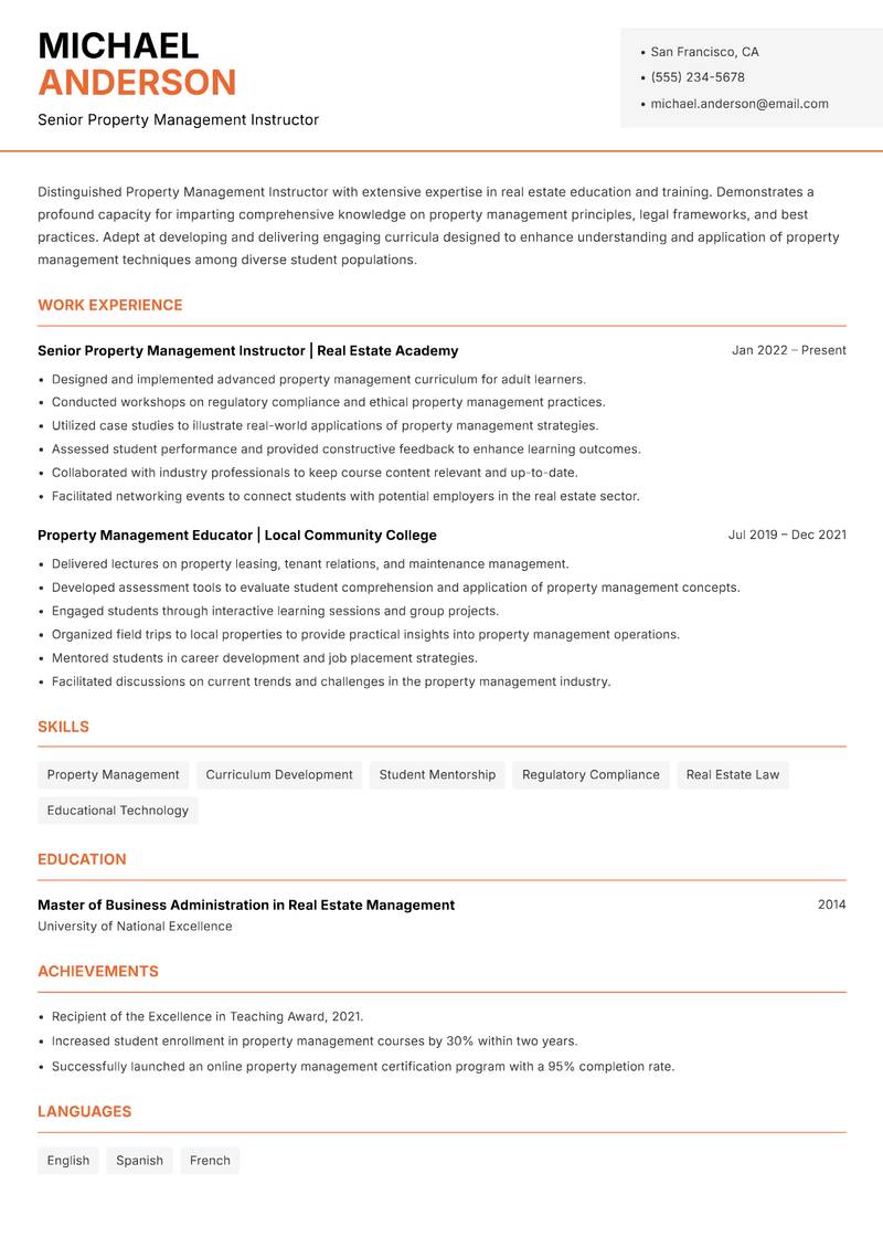 Property Management Instructor resume sample — Senior Property Management Instructor focus