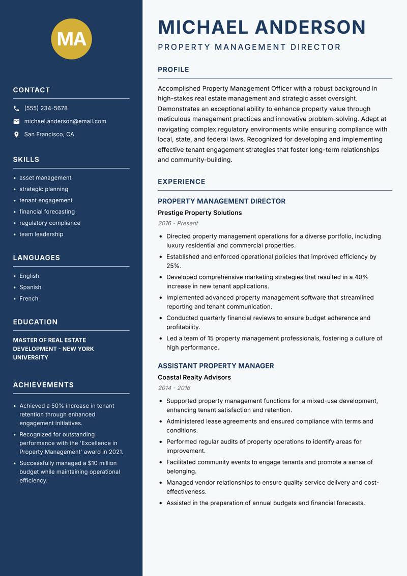 Property Management Officer resume sample — Property Management Director focus