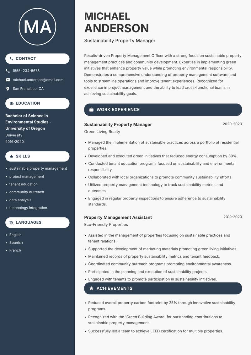 Property Management Officer resume sample — Sustainability Property Manager focus