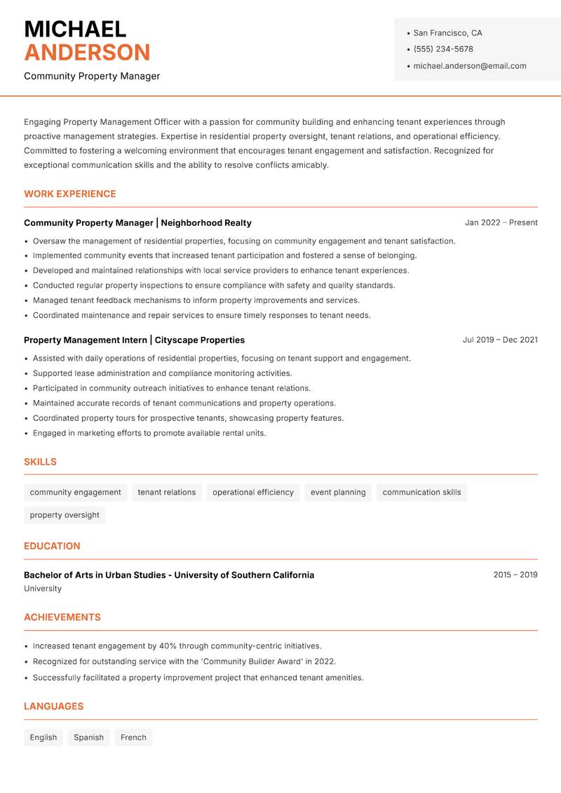 Property Management Officer resume sample — Community Property Manager focus