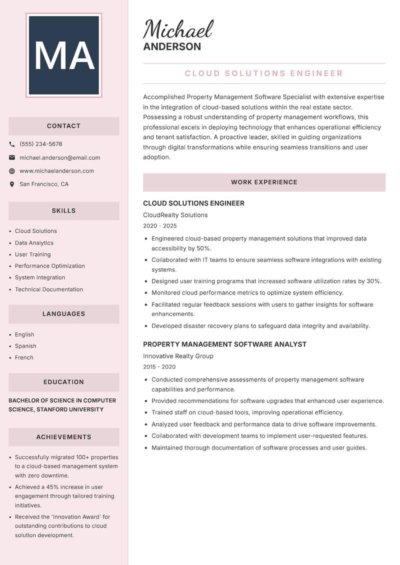 Property Management Software Specialist resume sample — Cloud Solutions Engineer focus