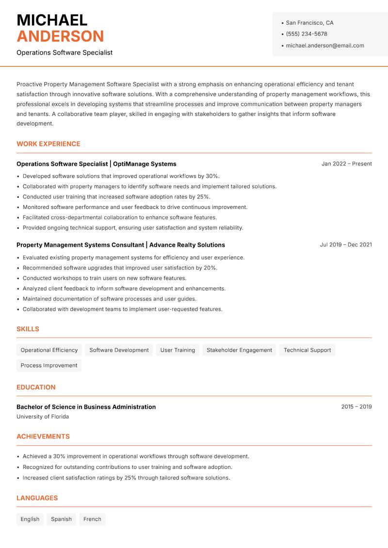 Property Management Software Specialist resume sample — Operations Software Specialist focus