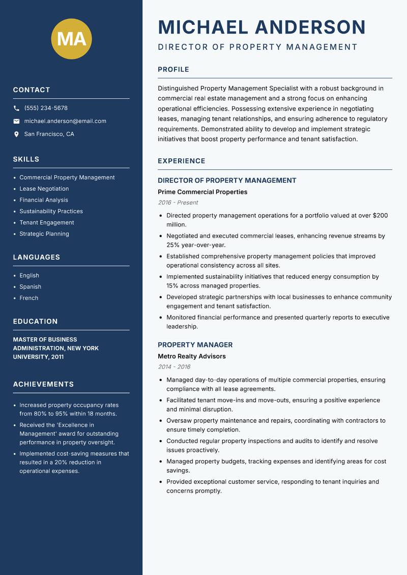 Property Management Specialist resume sample — Director of Property Management focus