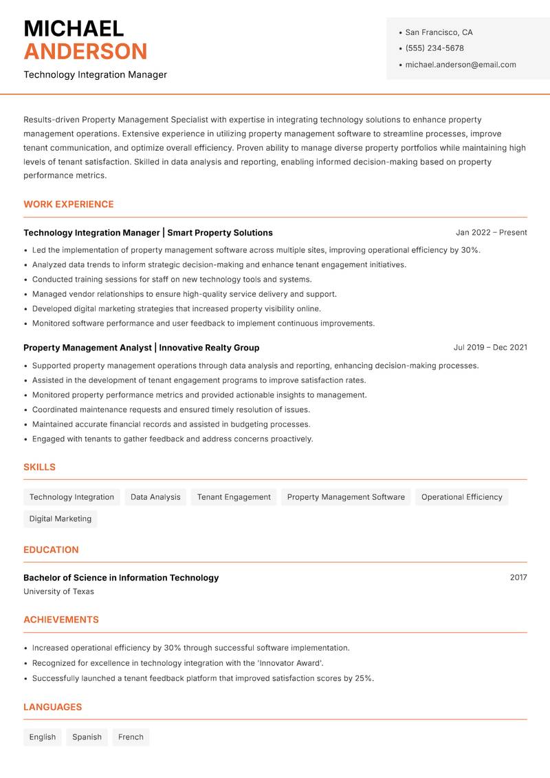 Property Management Specialist resume sample — Technology Integration Manager focus