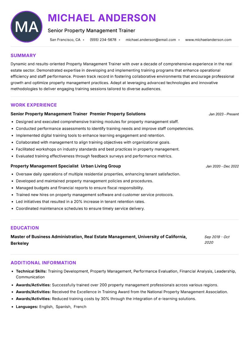 Property Management Trainer resume example