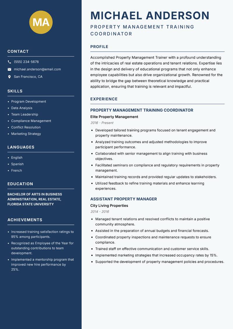 Property Management Trainer resume sample — Property Management Training Coordinator focus