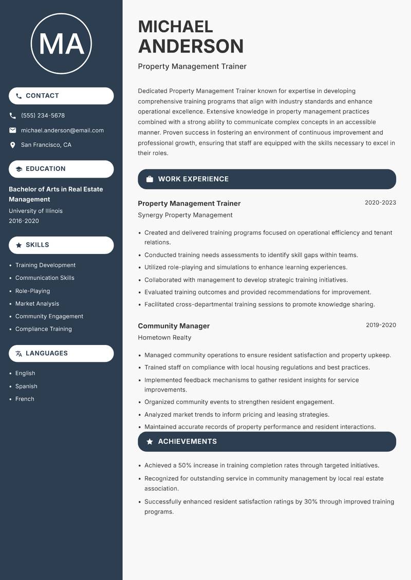 Property Management Trainer resume sample — Property Management Trainer focus