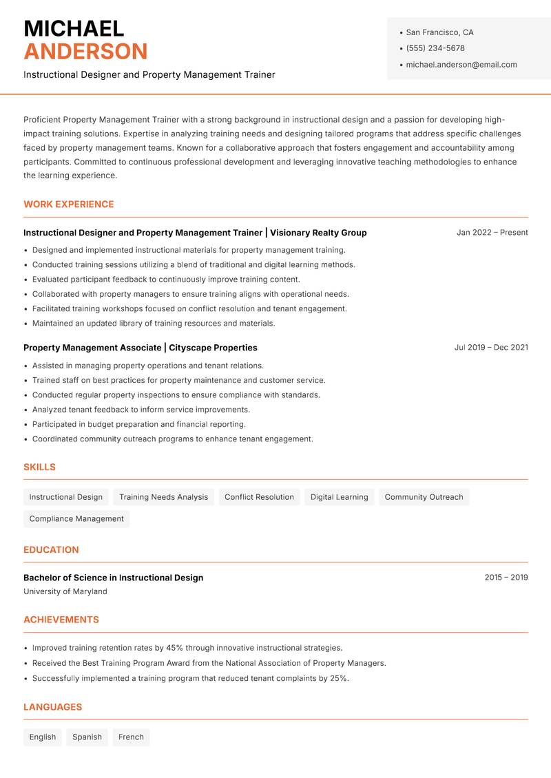 Property Management Trainer resume sample — Instructional Designer and Property Management Trainer focus