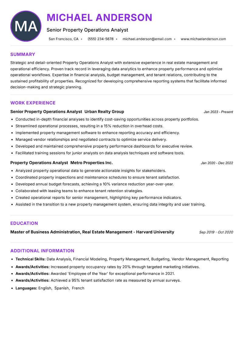 Property Operations Analyst resume example