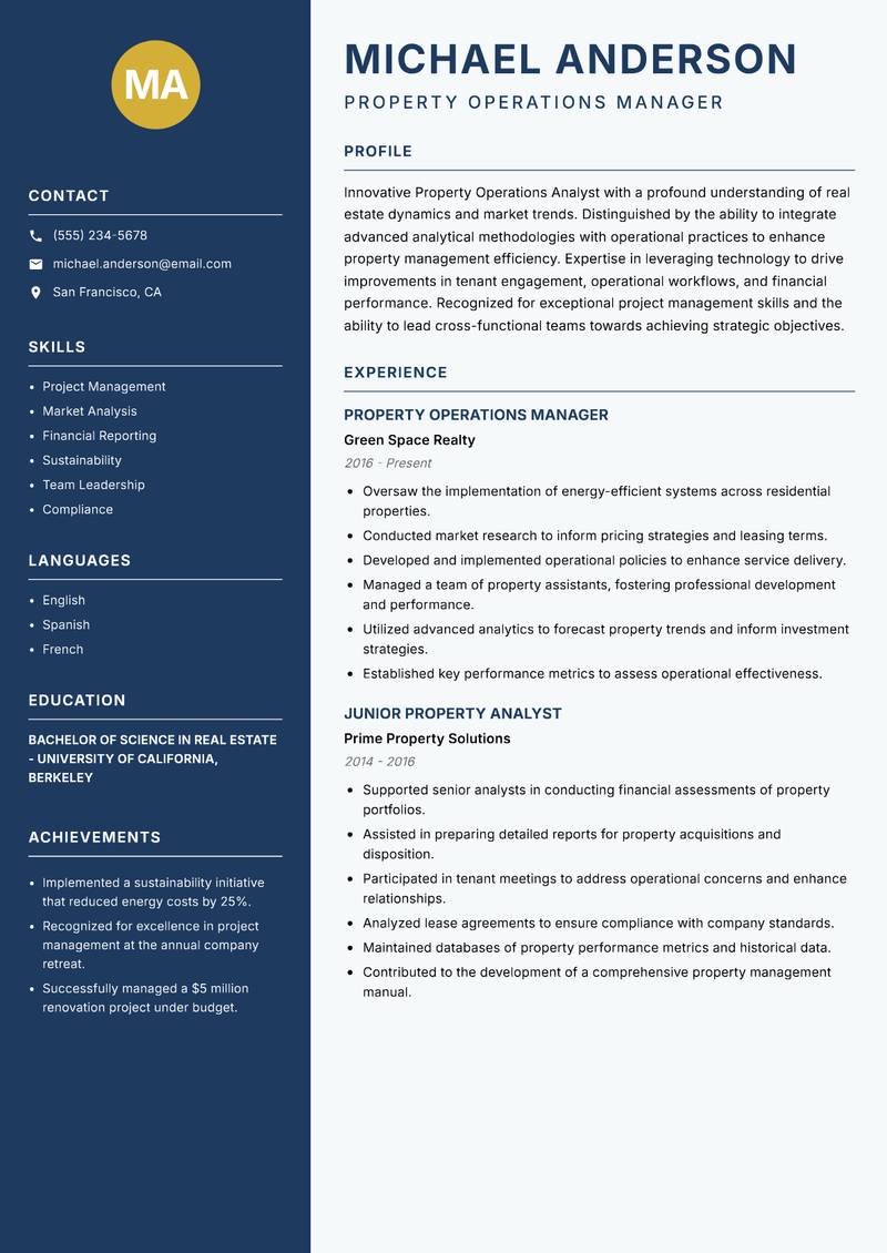 Property Operations Analyst resume sample — Property Operations Manager focus