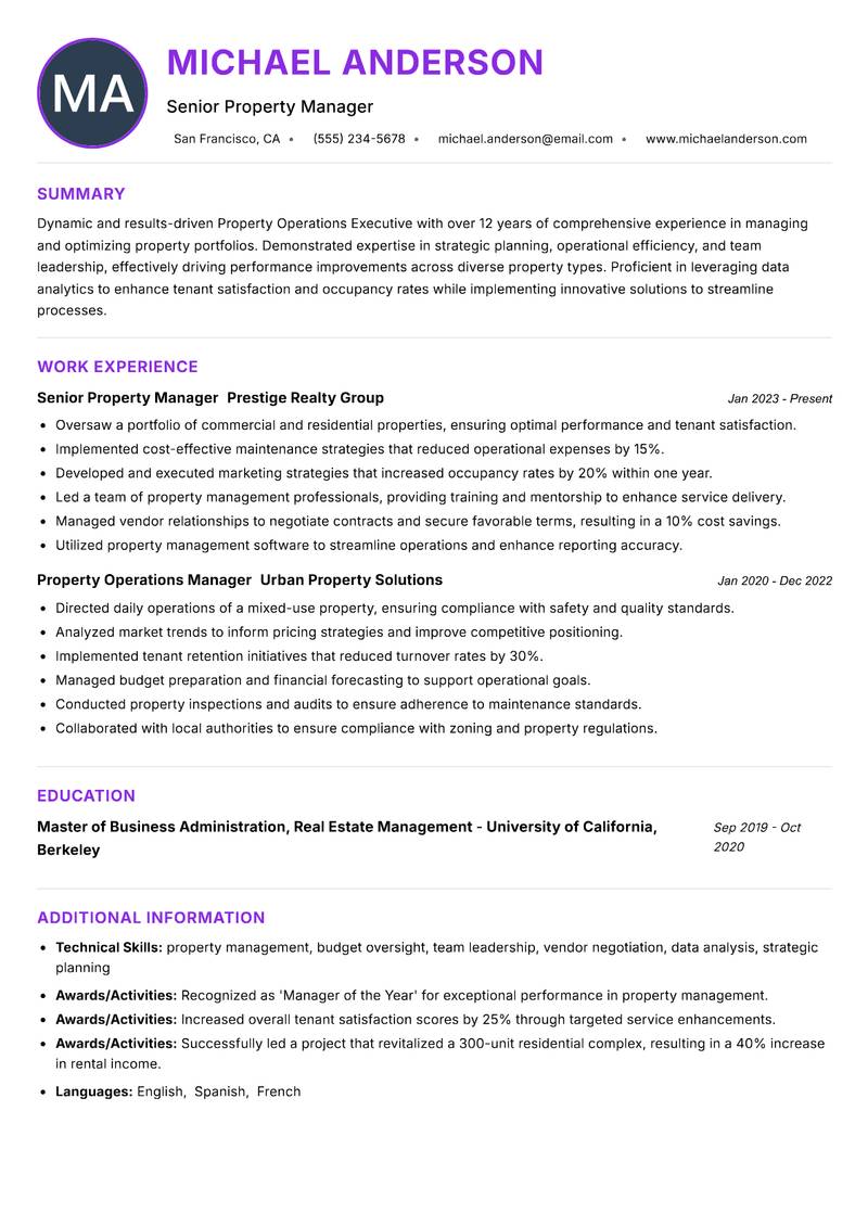 Property Operations Executive resume example