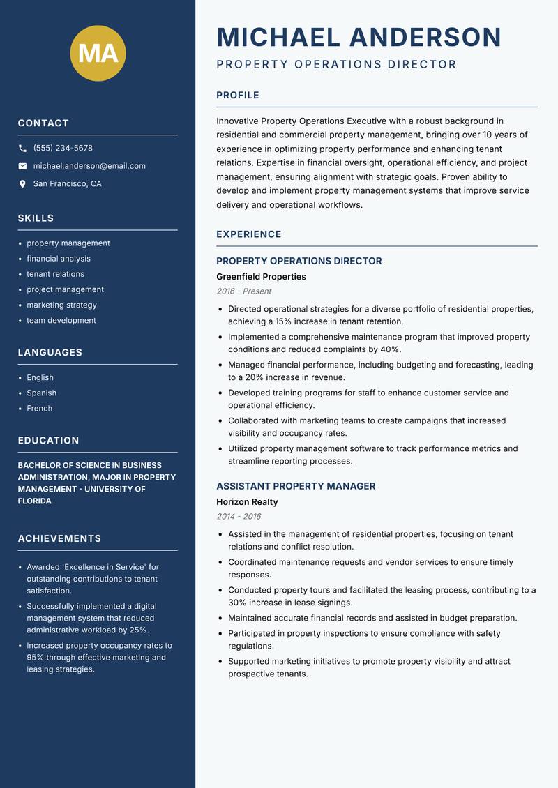 Property Operations Executive resume sample — Property Operations Director focus