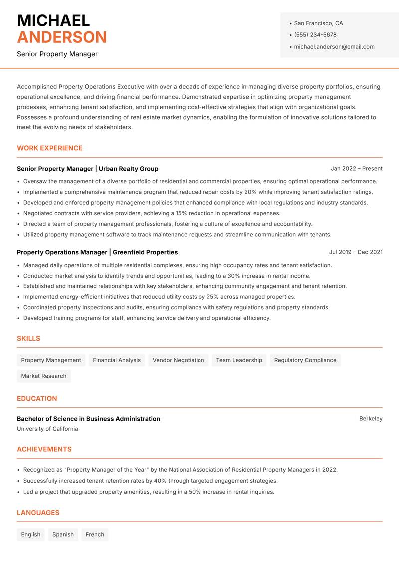 Property Operations Executive resume sample — Senior Property Manager focus
