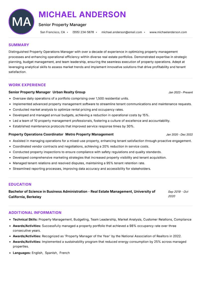 Property Operations Manager resume example