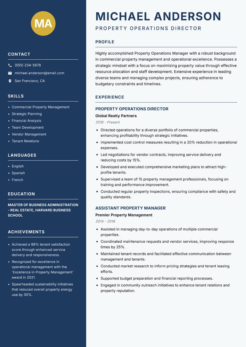 Property Operations Manager resume sample — Property Operations Director focus