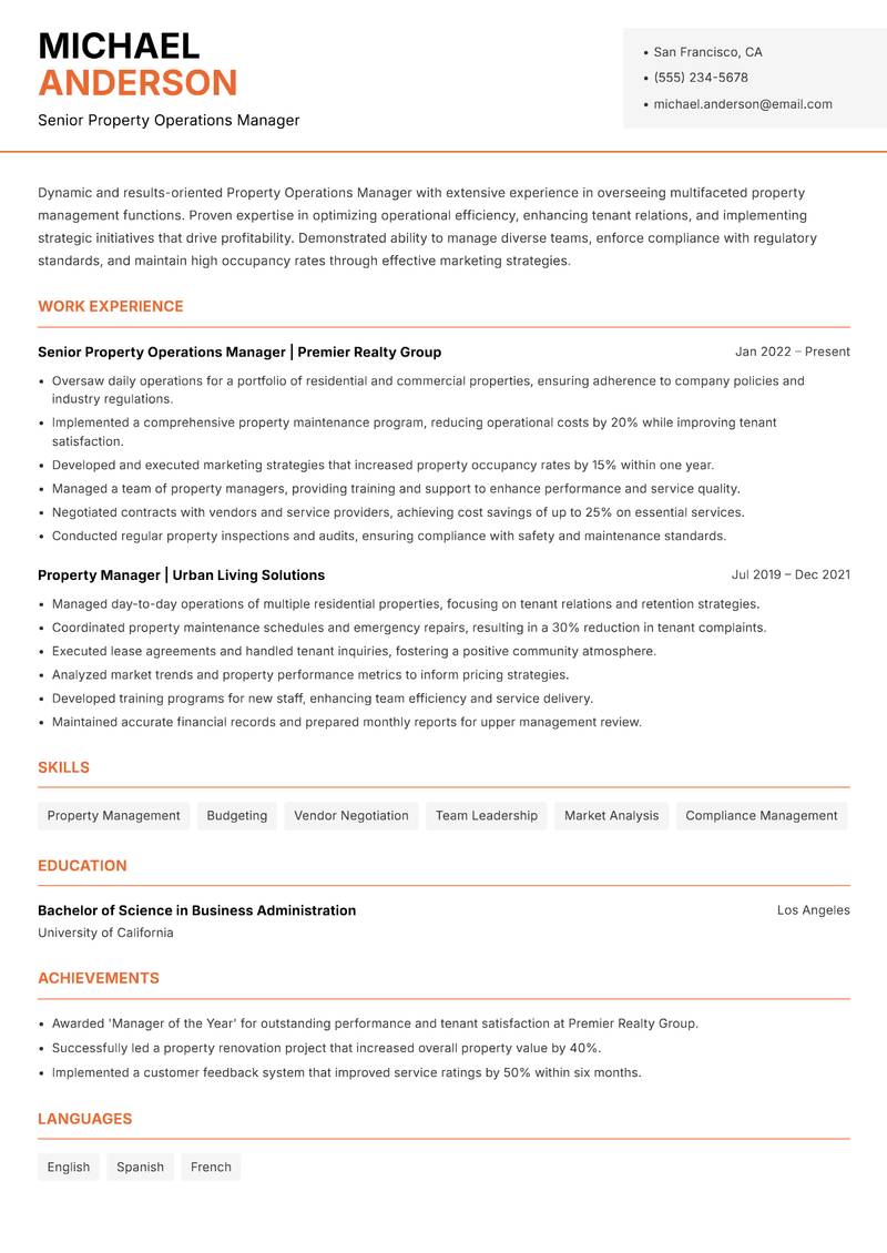 Property Operations Manager resume sample — Senior Property Operations Manager focus