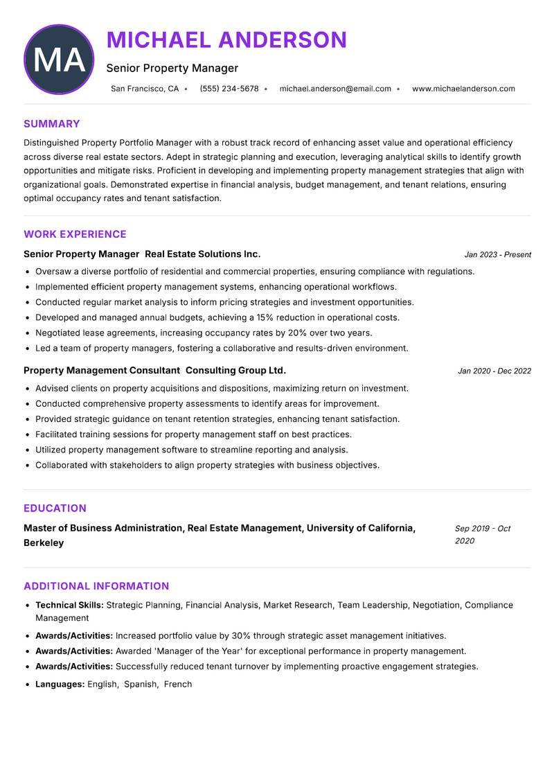 Property Portfolio Manager resume example