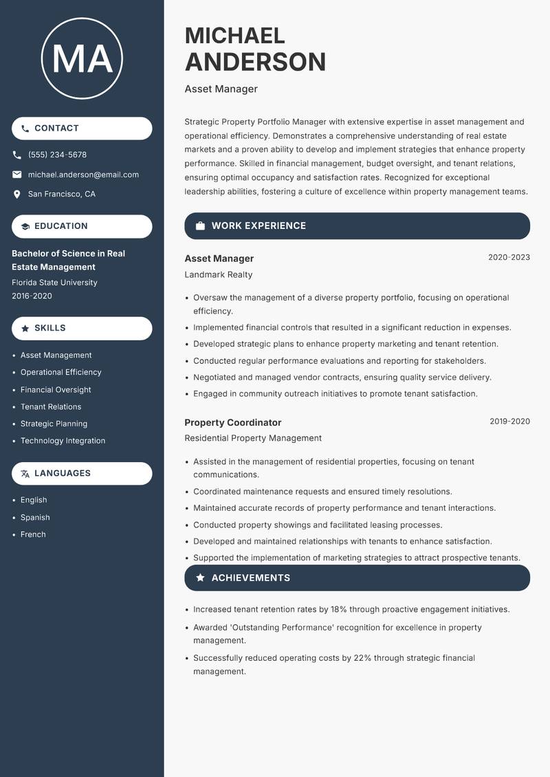 Property Portfolio Manager resume sample — Asset Manager focus