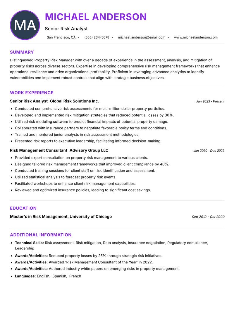 Property Risk Manager resume example