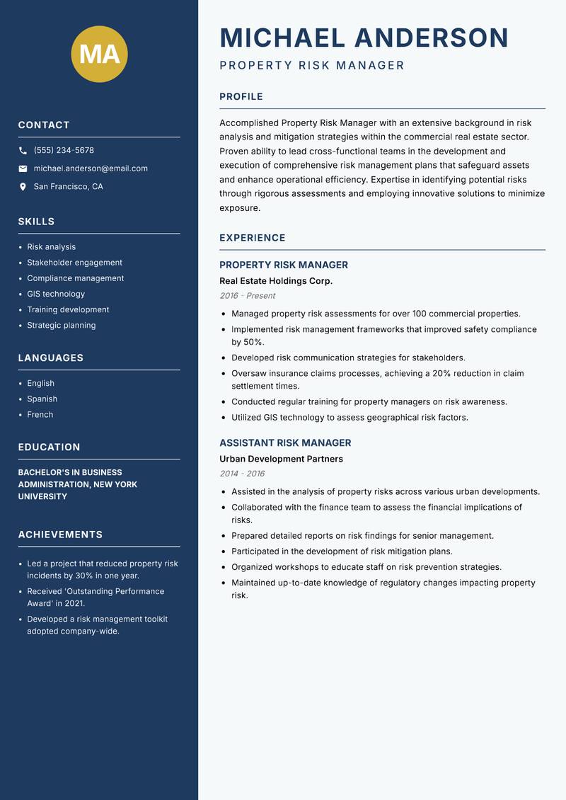 Property Risk Manager resume sample — Property Risk Manager focus